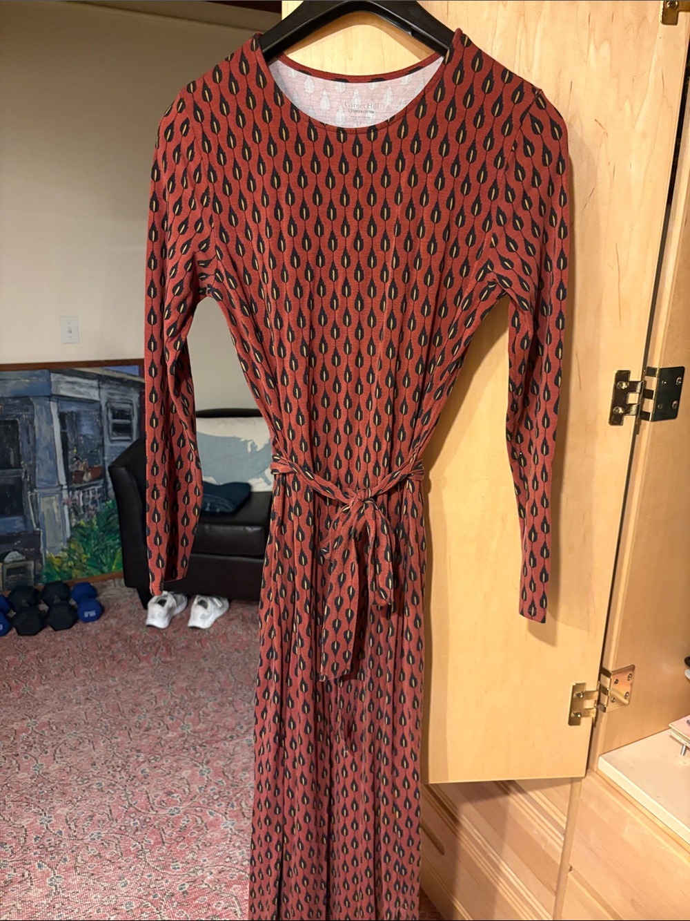 Garnet Hill Rust Red and Black Long-Sleeve Maxi Dress with Tie